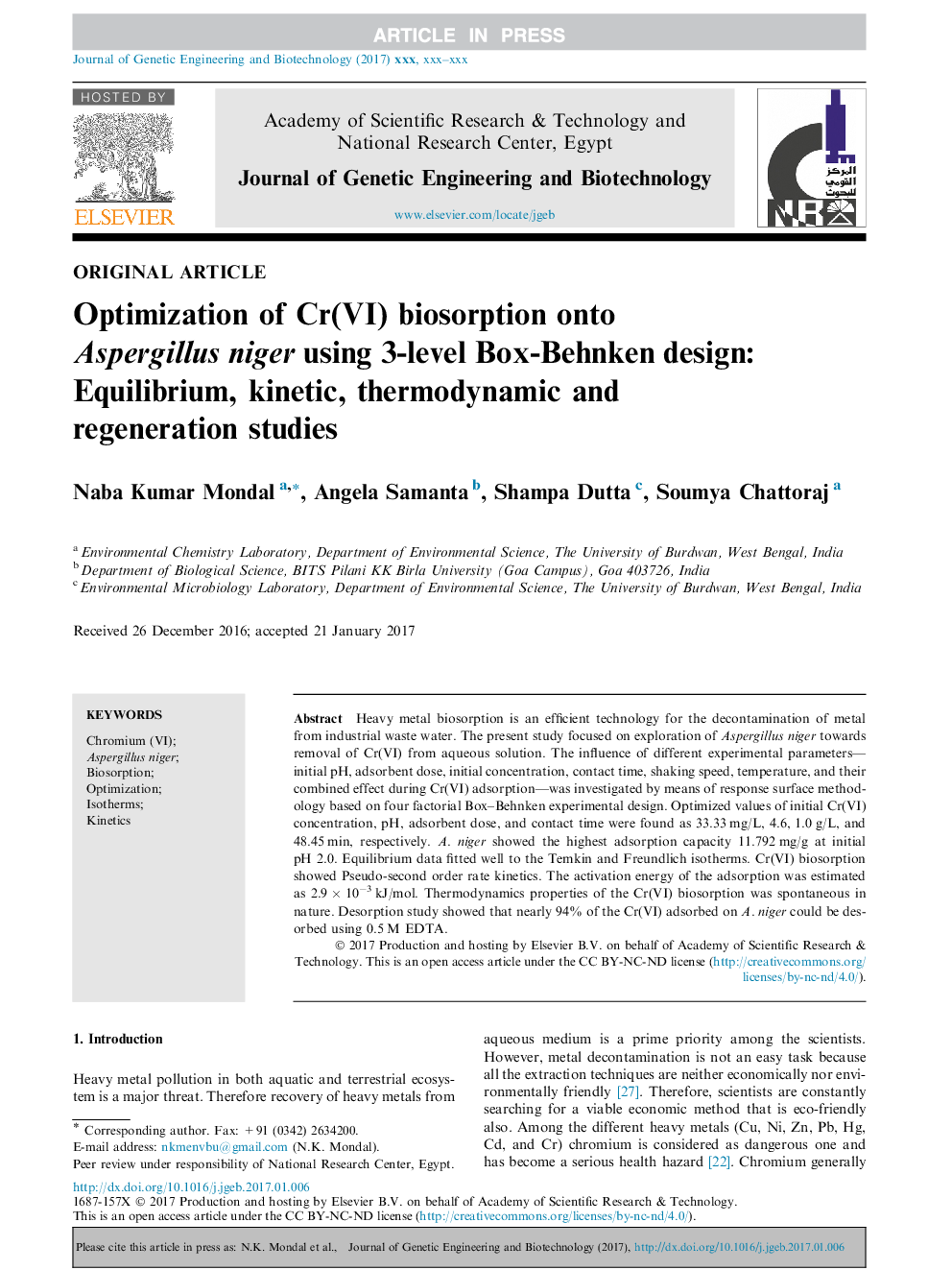 Optimization of Cr(VI) biosorption onto Aspergillus niger using 3-level Box-Behnken design: Equilibrium, kinetic, thermodynamic and regeneration studies