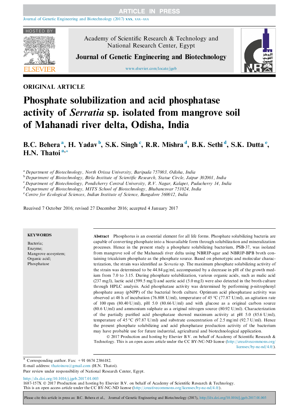 Phosphate solubilization and acid phosphatase activity of Serratia sp. isolated from mangrove soil of Mahanadi river delta, Odisha, India