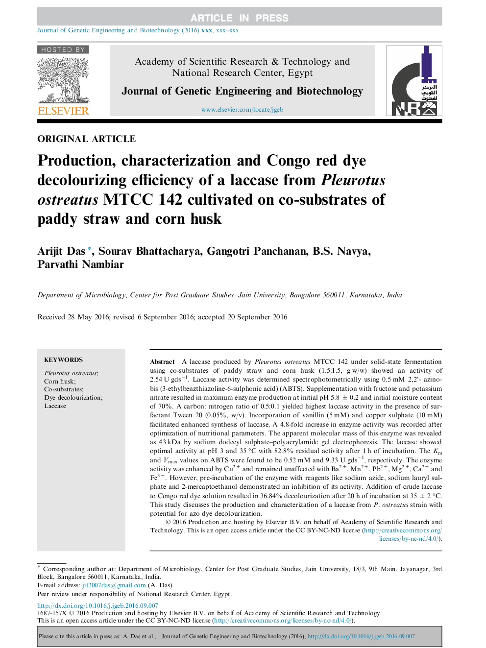 Production, characterization and Congo red dye decolourizing efficiency of a laccase from Pleurotus ostreatus MTCC 142 cultivated on co-substrates of paddy straw and corn husk