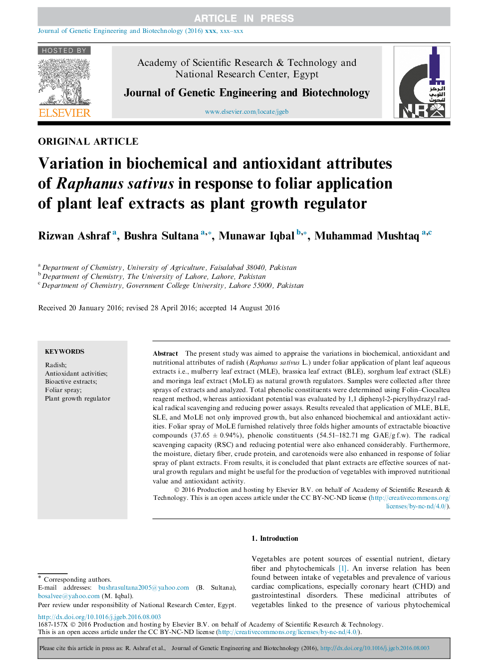 Variation in biochemical and antioxidant attributes of Raphanus sativus in response to foliar application of plant leaf extracts as plant growth regulator