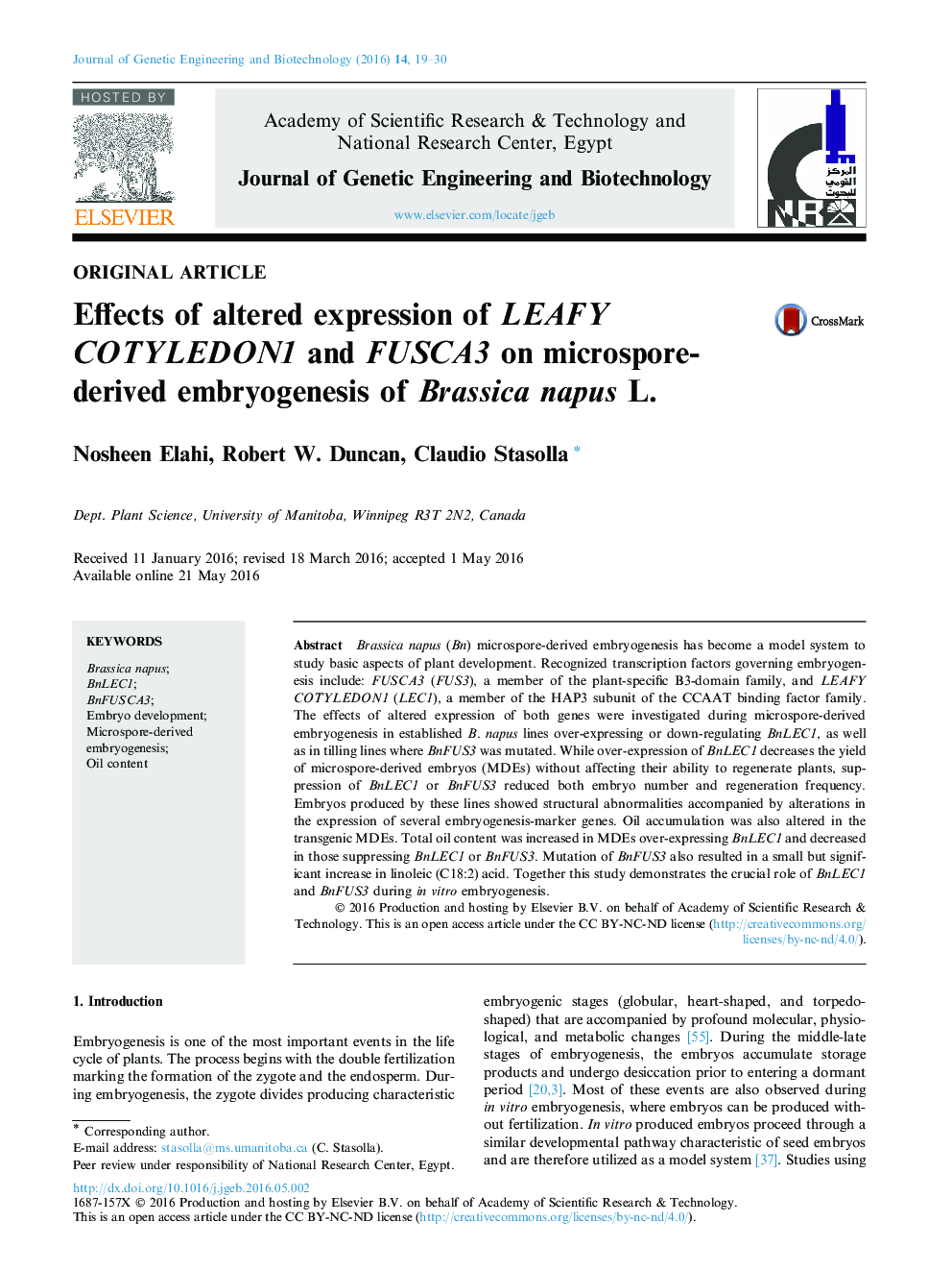 Effects of altered expression of LEAFY COTYLEDON1 and FUSCA3 on microspore-derived embryogenesis of Brassica napus L.