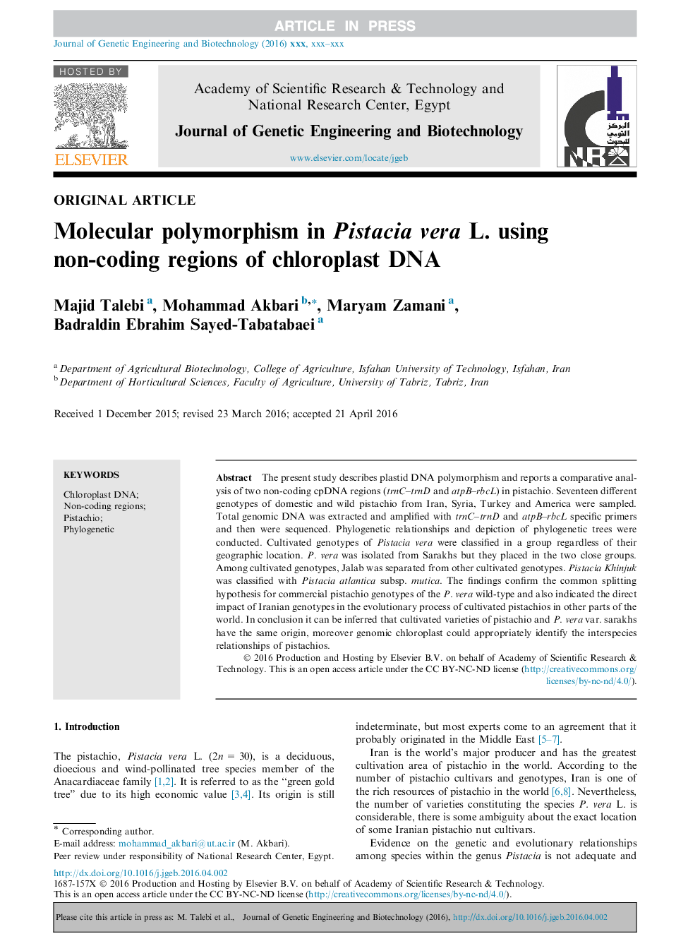 Molecular polymorphism in Pistacia vera L. using non-coding regions of chloroplast DNA