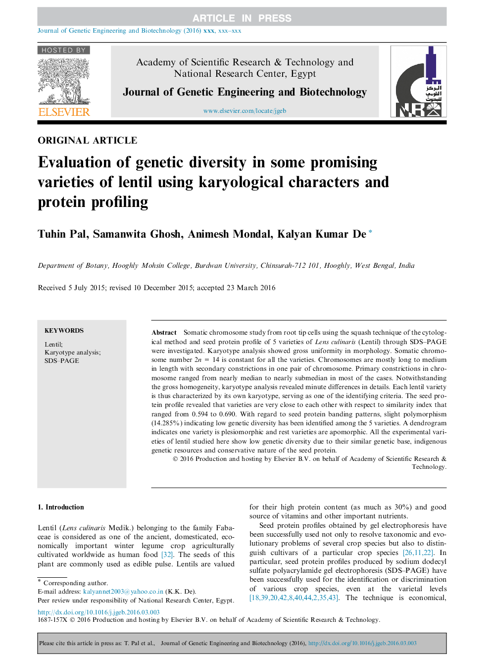 Evaluation of genetic diversity in some promising varieties of lentil using karyological characters and protein profiling