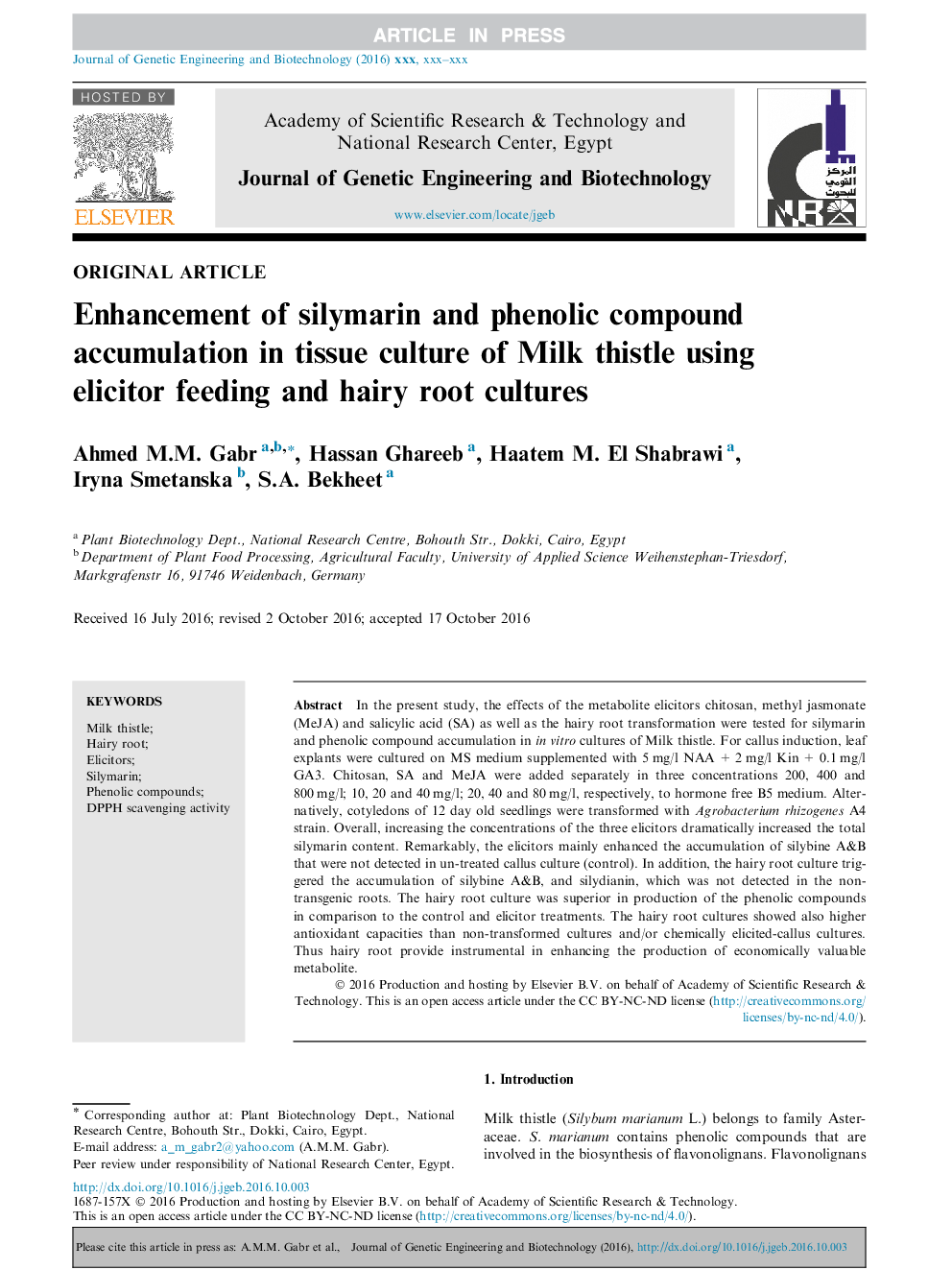 Enhancement of silymarin and phenolic compound accumulation in tissue culture of Milk thistle using elicitor feeding and hairy root cultures