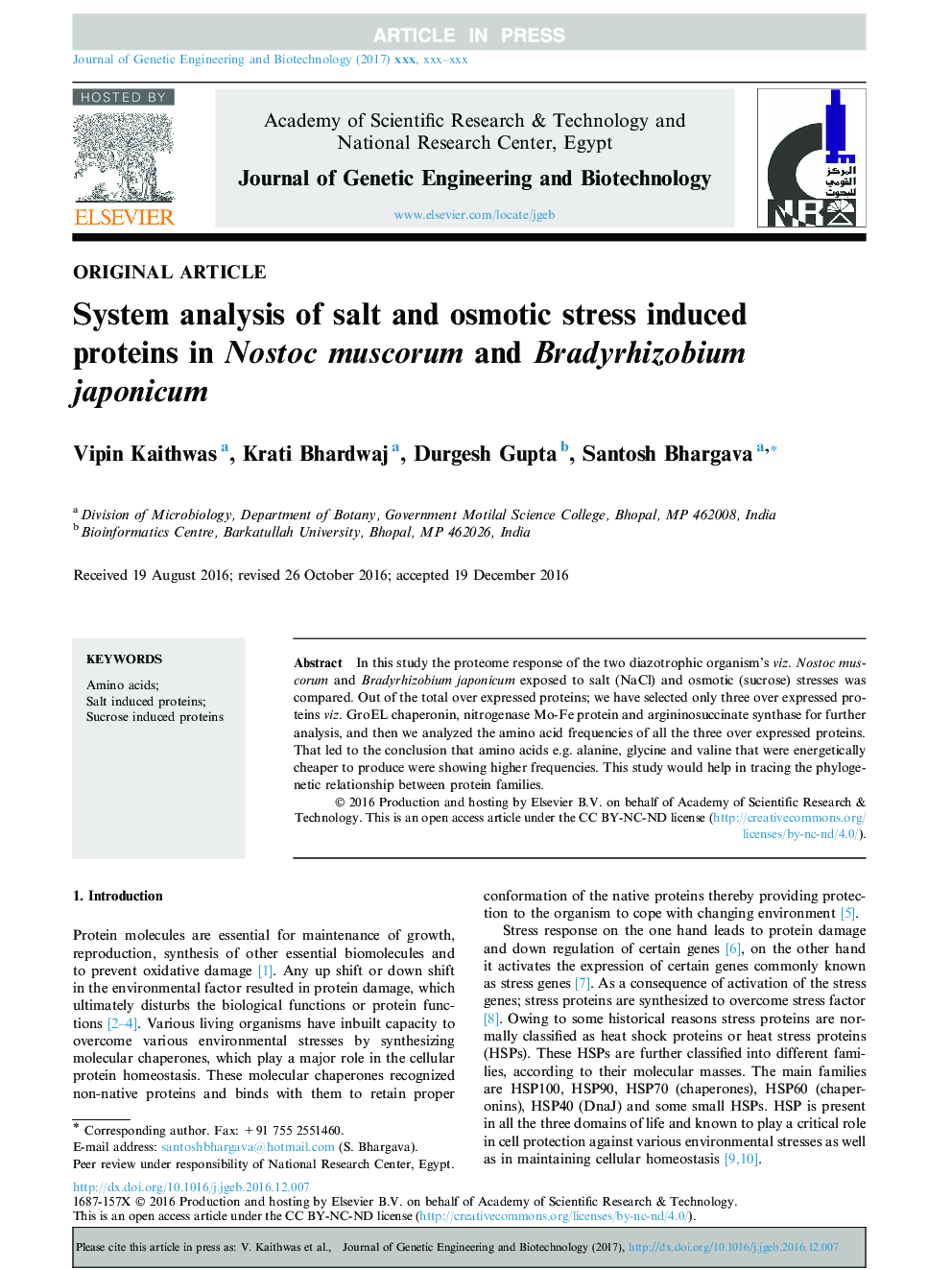 System analysis of salt and osmotic stress induced proteins in Nostoc muscorum and Bradyrhizobium japonicum