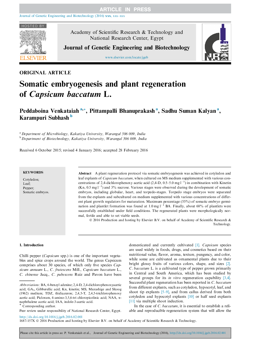 Somatic embryogenesis and plant regeneration of Capsicum baccatum L.