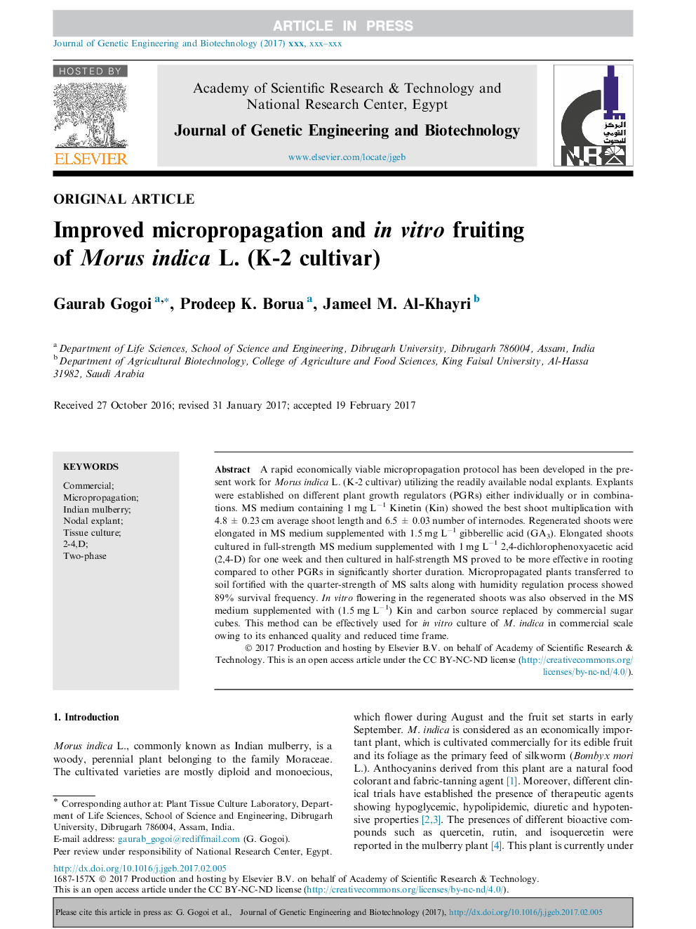 Improved micropropagation and in vitro fruiting of Morus indica L. (K-2 cultivar)