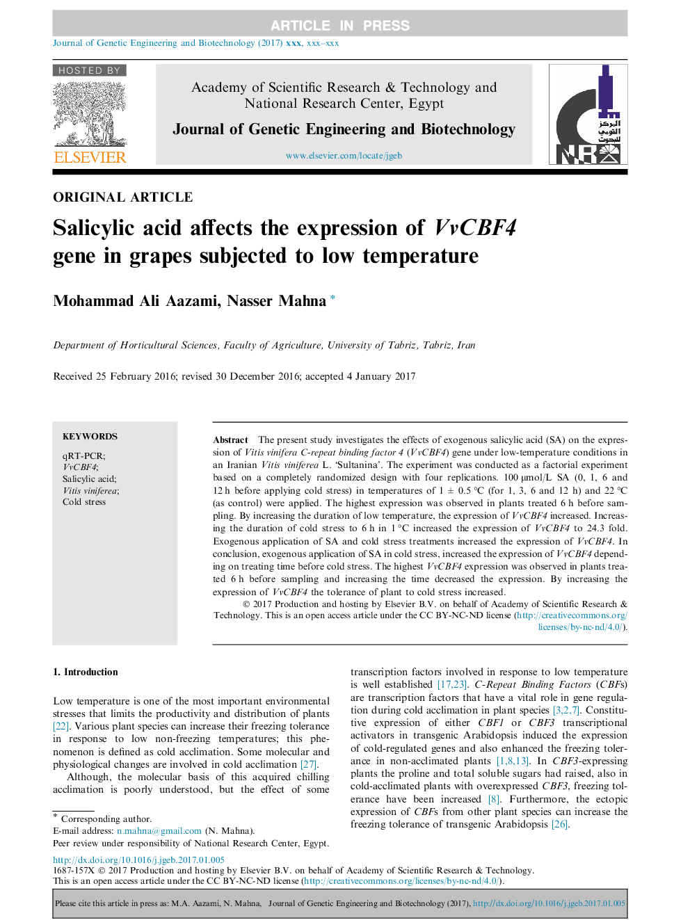 Salicylic acid affects the expression of VvCBF4 gene in grapes subjected to low temperature