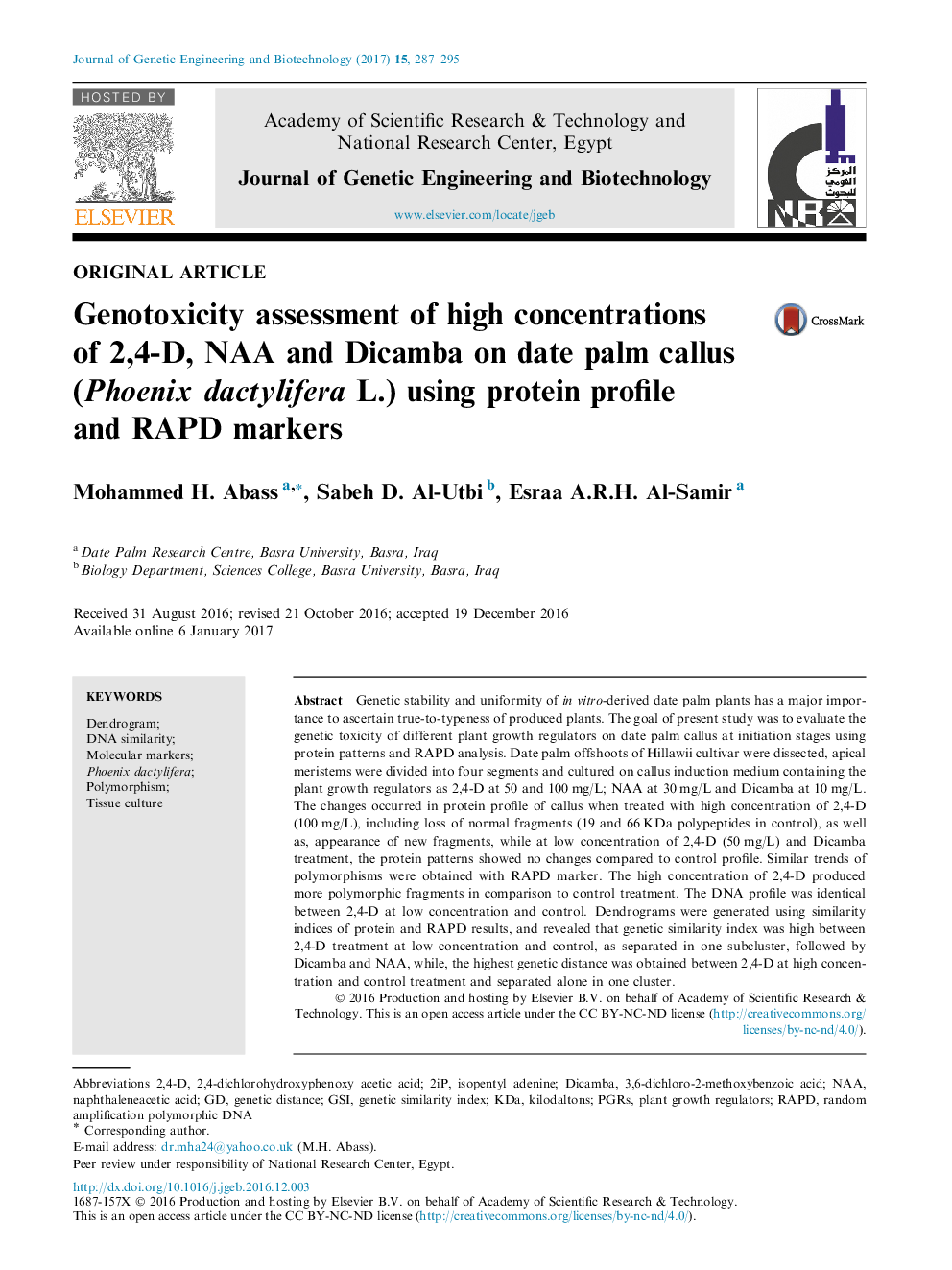 Genotoxicity assessment of high concentrations of 2,4-D, NAA and Dicamba on date palm callus (Phoenix dactylifera L.) using protein profile and RAPD markers