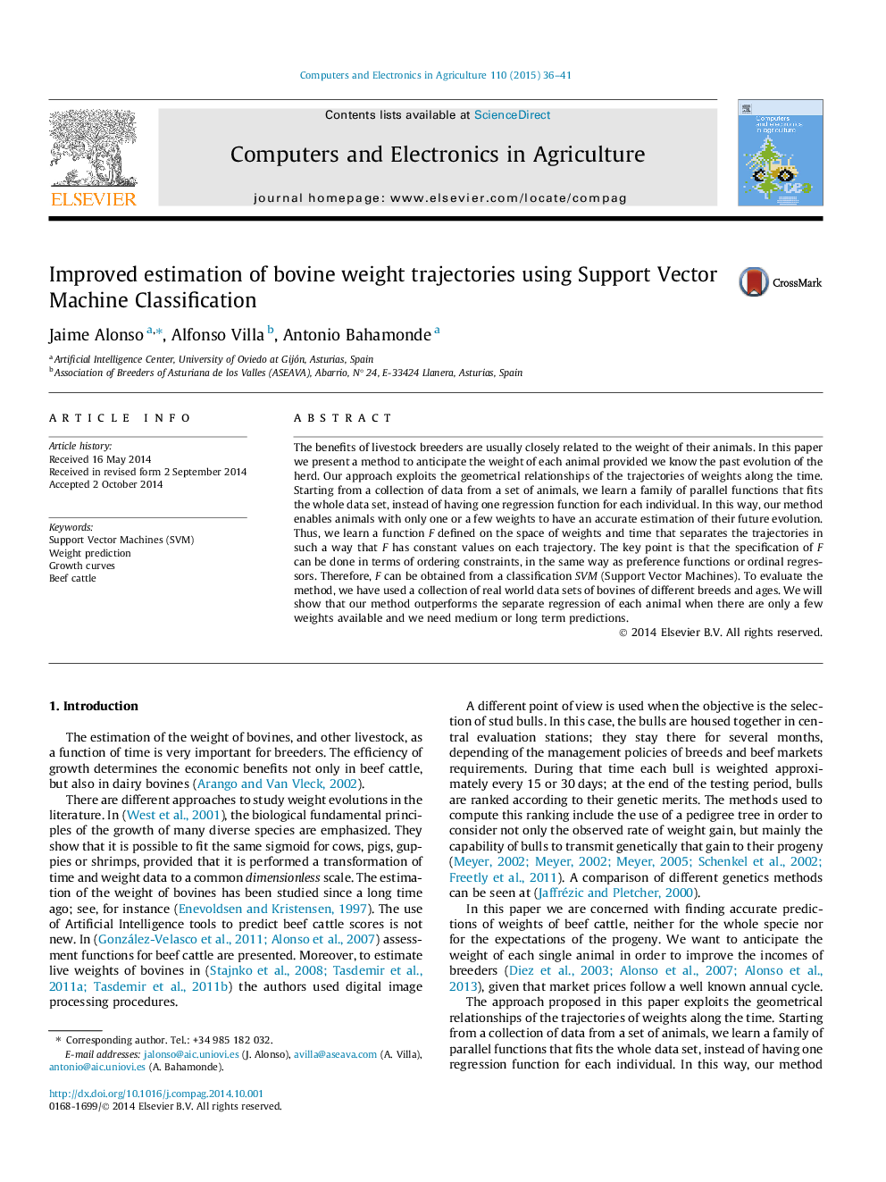 Improved estimation of bovine weight trajectories using Support Vector Machine Classification