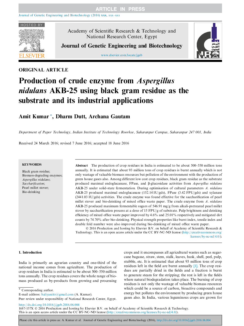 Production of crude enzyme from Aspergillus nidulans AKB-25 using black gram residue as the substrate and its industrial applications