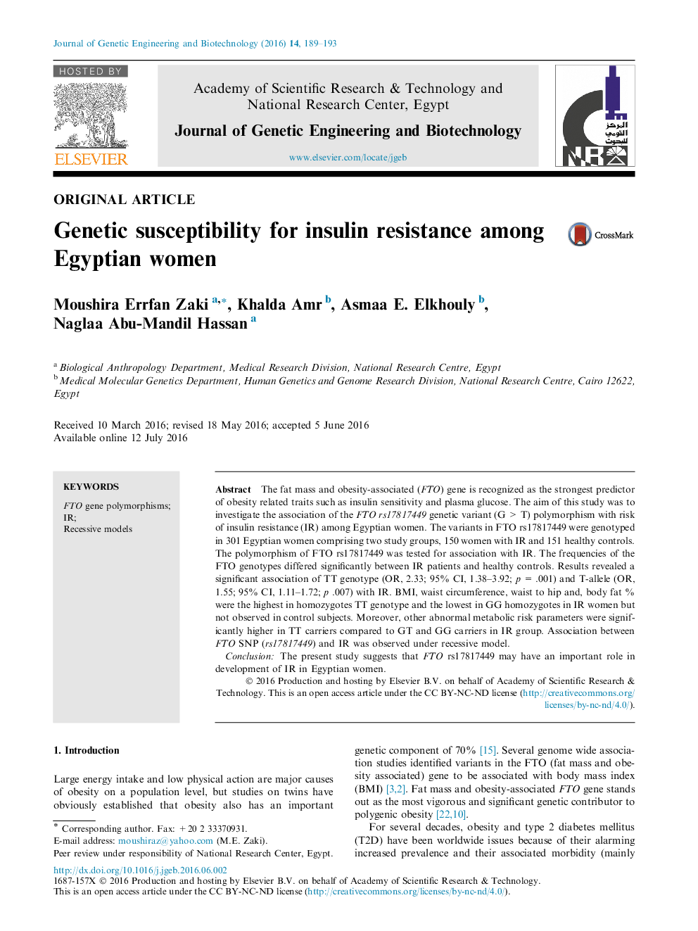 Genetic susceptibility for insulin resistance among Egyptian women