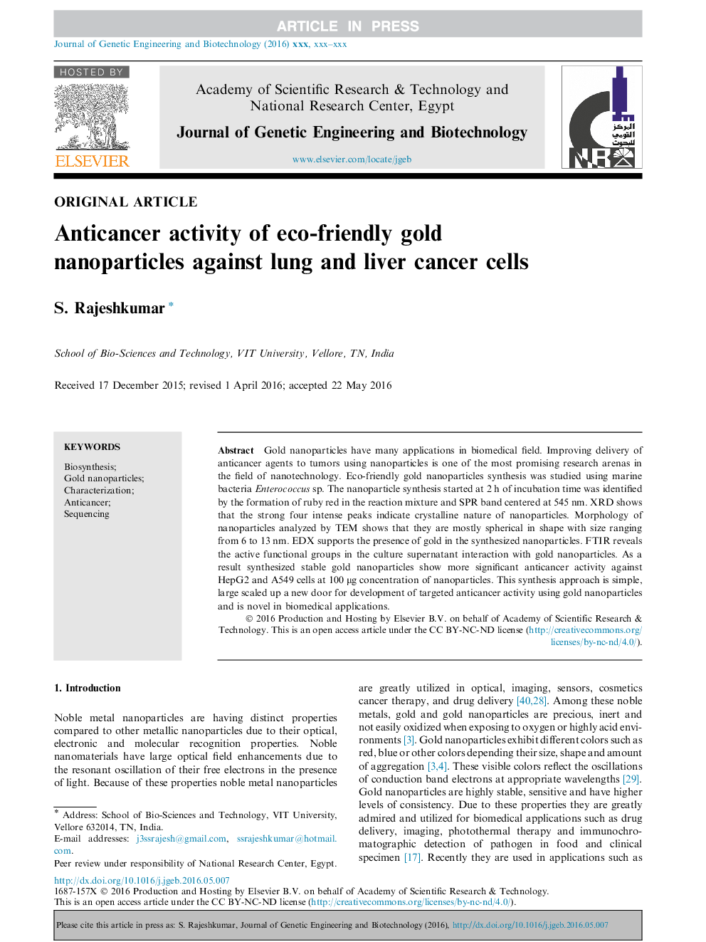 Anticancer activity of eco-friendly gold nanoparticles against lung and liver cancer cells