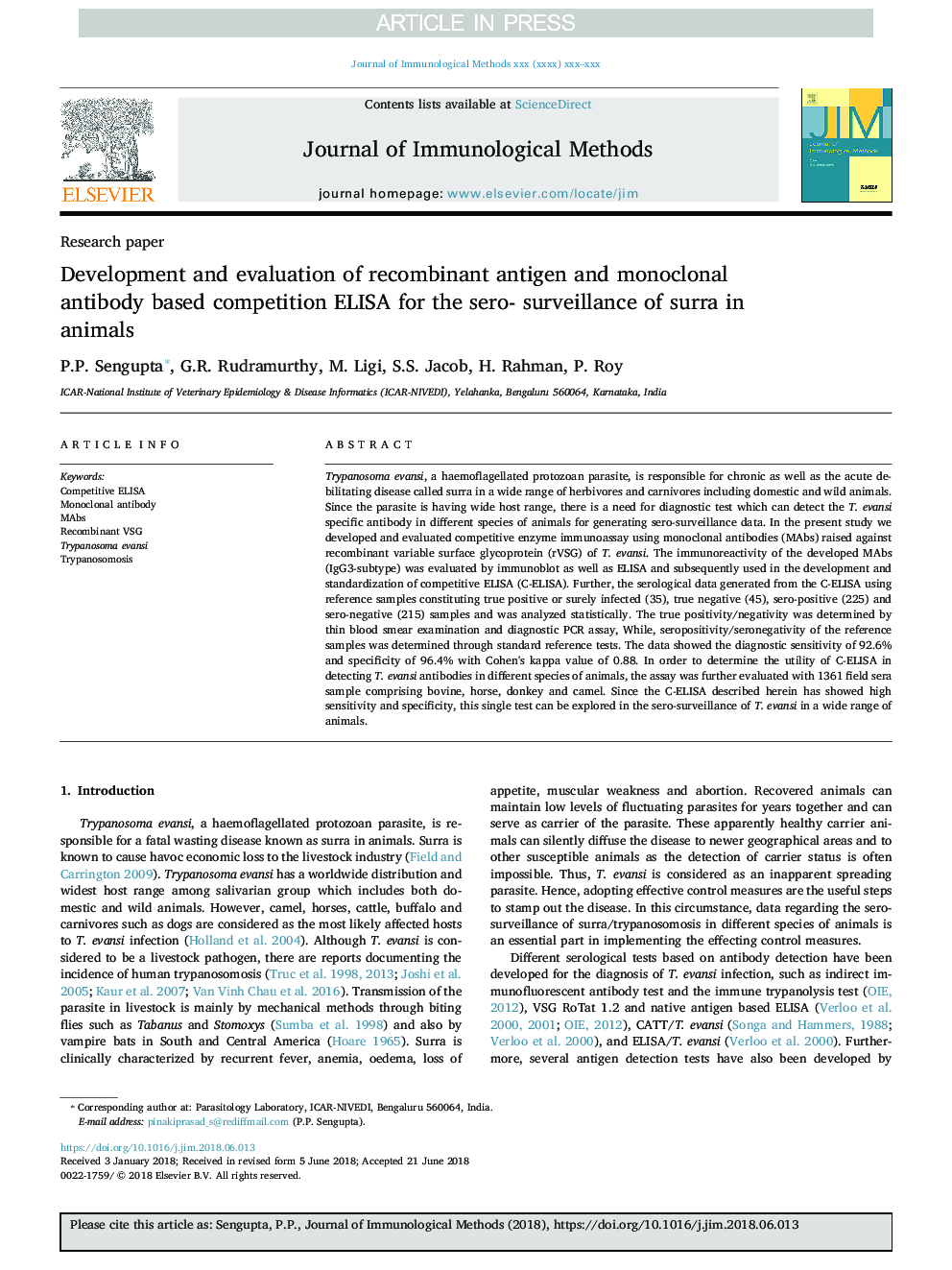 Development and evaluation of recombinant antigen and monoclonal antibody based competition ELISA for the sero- surveillance of surra in animals