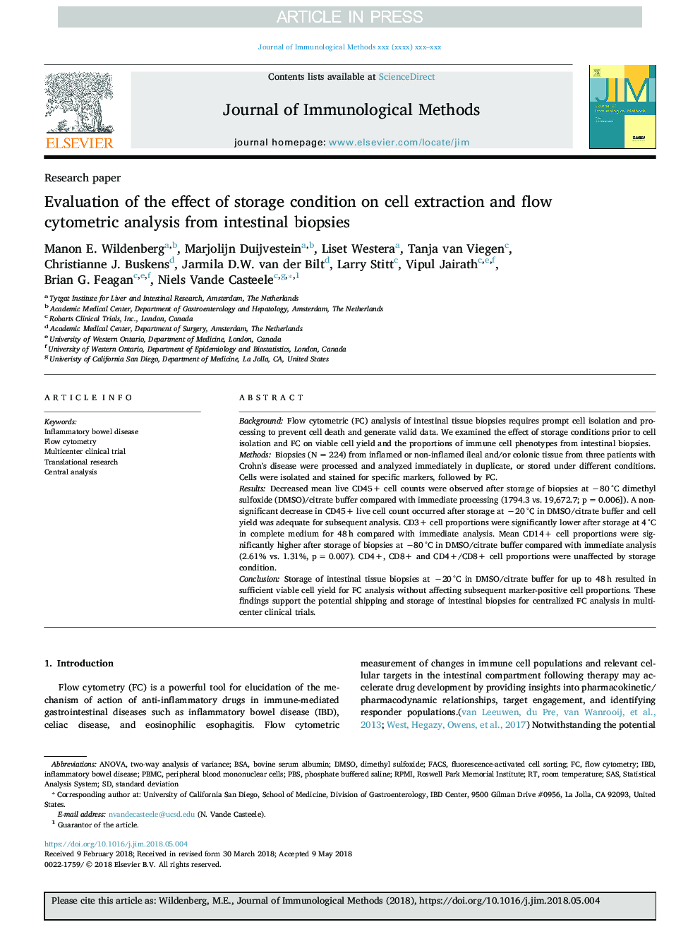 Evaluation of the effect of storage condition on cell extraction and flow cytometric analysis from intestinal biopsies