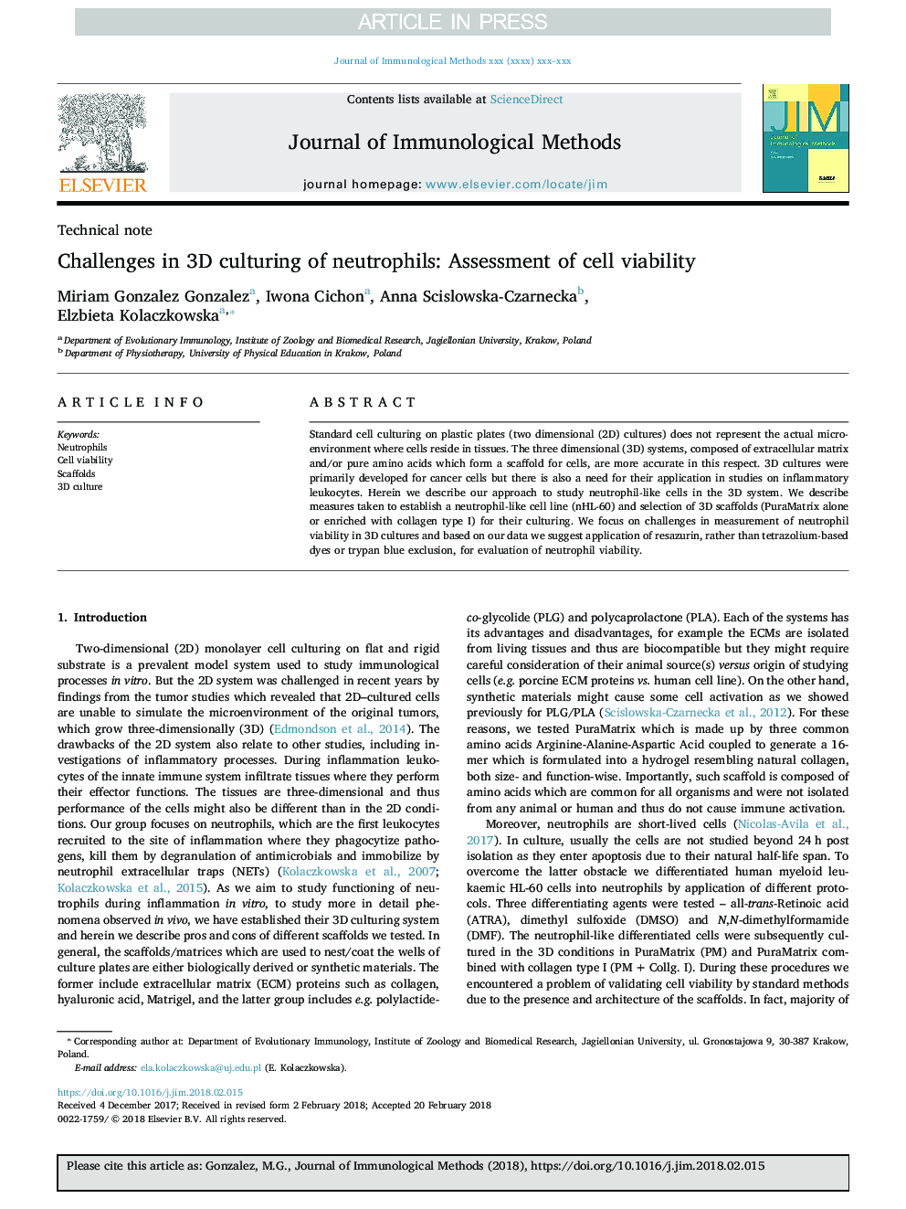 Challenges in 3D culturing of neutrophils: Assessment of cell viability