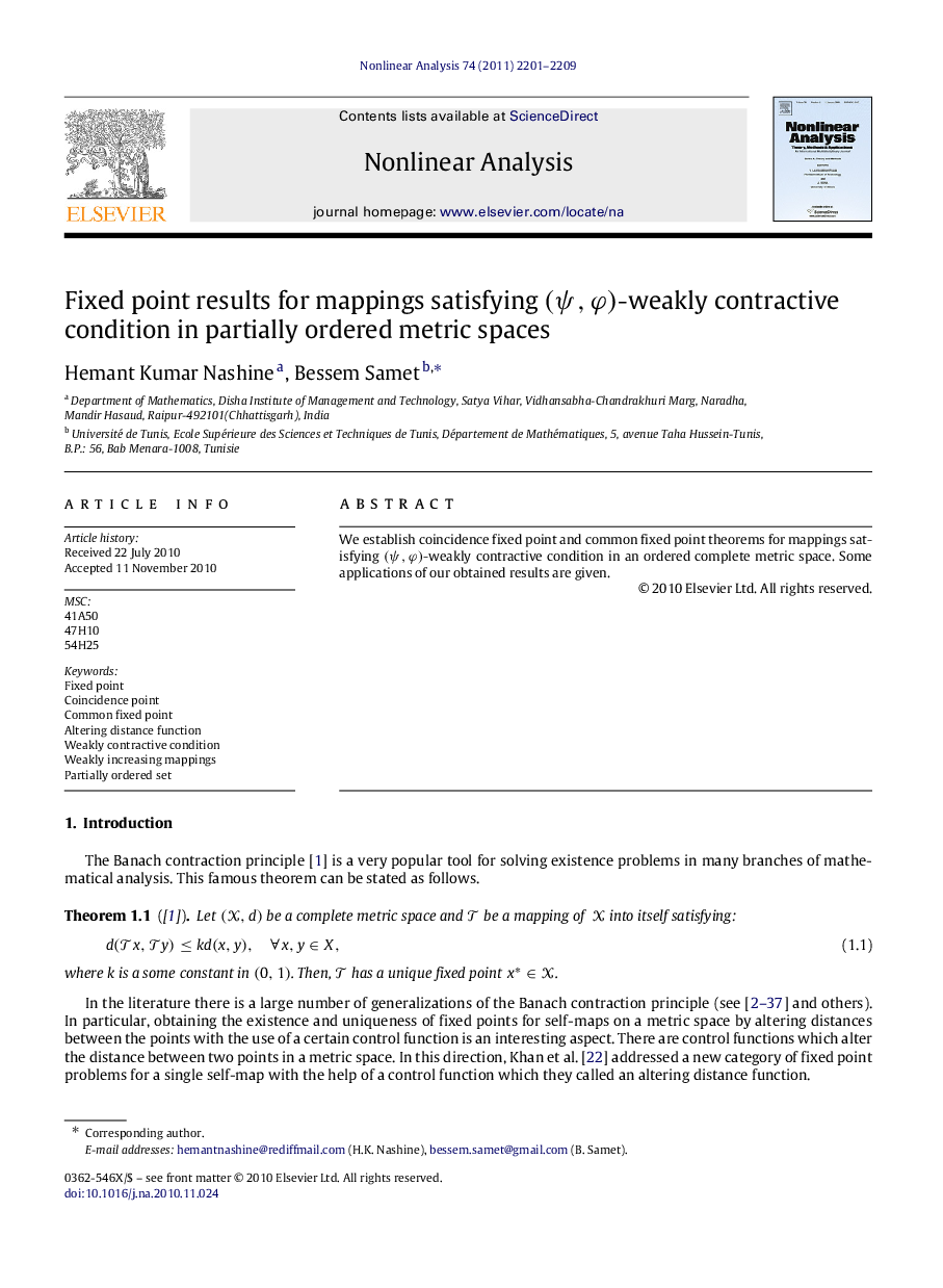 Fixed point results for mappings satisfying (ψ,φ)(ψ,φ)-weakly contractive condition in partially ordered metric spaces