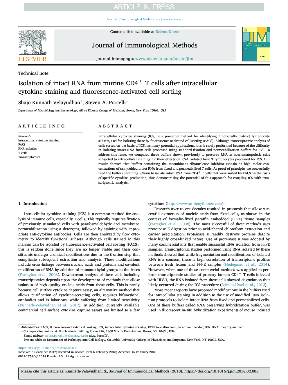 Isolation of intact RNA from murine CD4+ T cells after intracellular cytokine staining and fluorescence-activated cell sorting