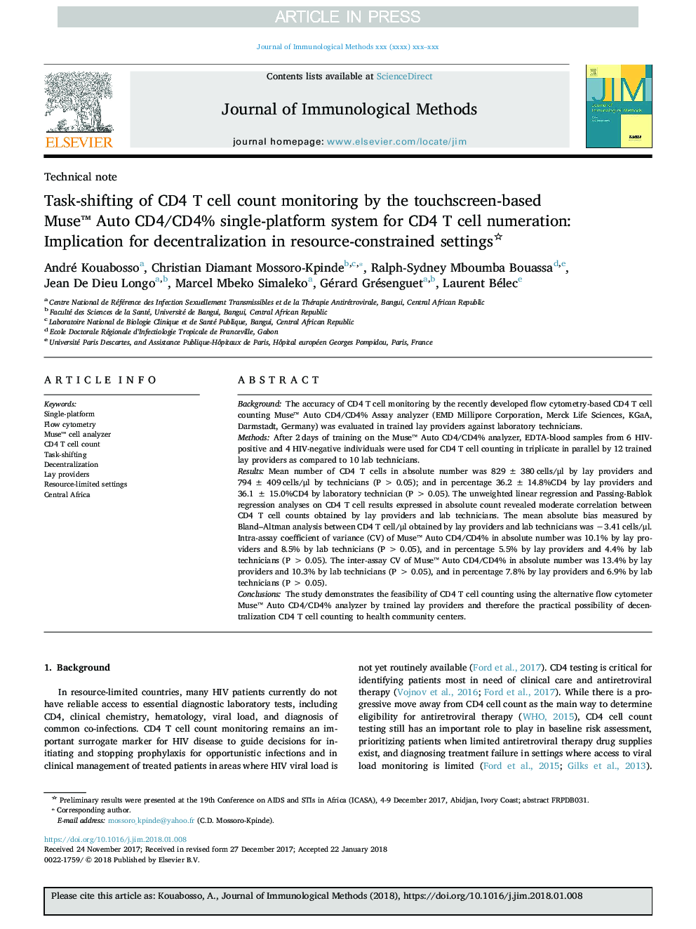 Task-shifting of CD4 T cell count monitoring by the touchscreen-based Museâ¢ Auto CD4/CD4% single-platform system for CD4 T cell numeration: Implication for decentralization in resource-constrained settings