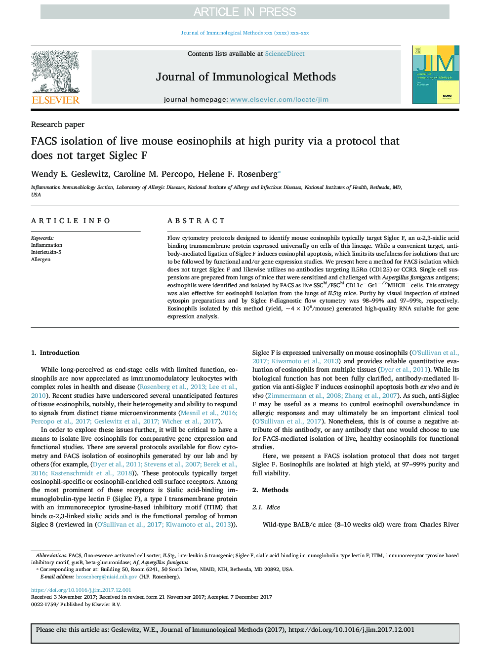 FACS isolation of live mouse eosinophils at high purity via a protocol that does not target Siglec F