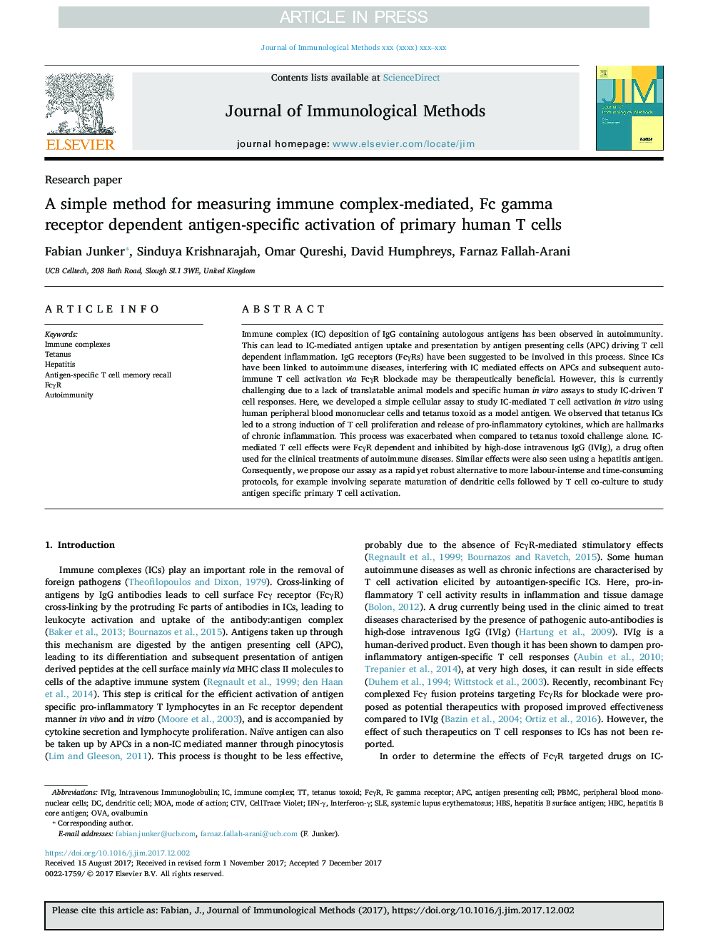 A simple method for measuring immune complex-mediated, Fc gamma receptor dependent antigen-specific activation of primary human T cells