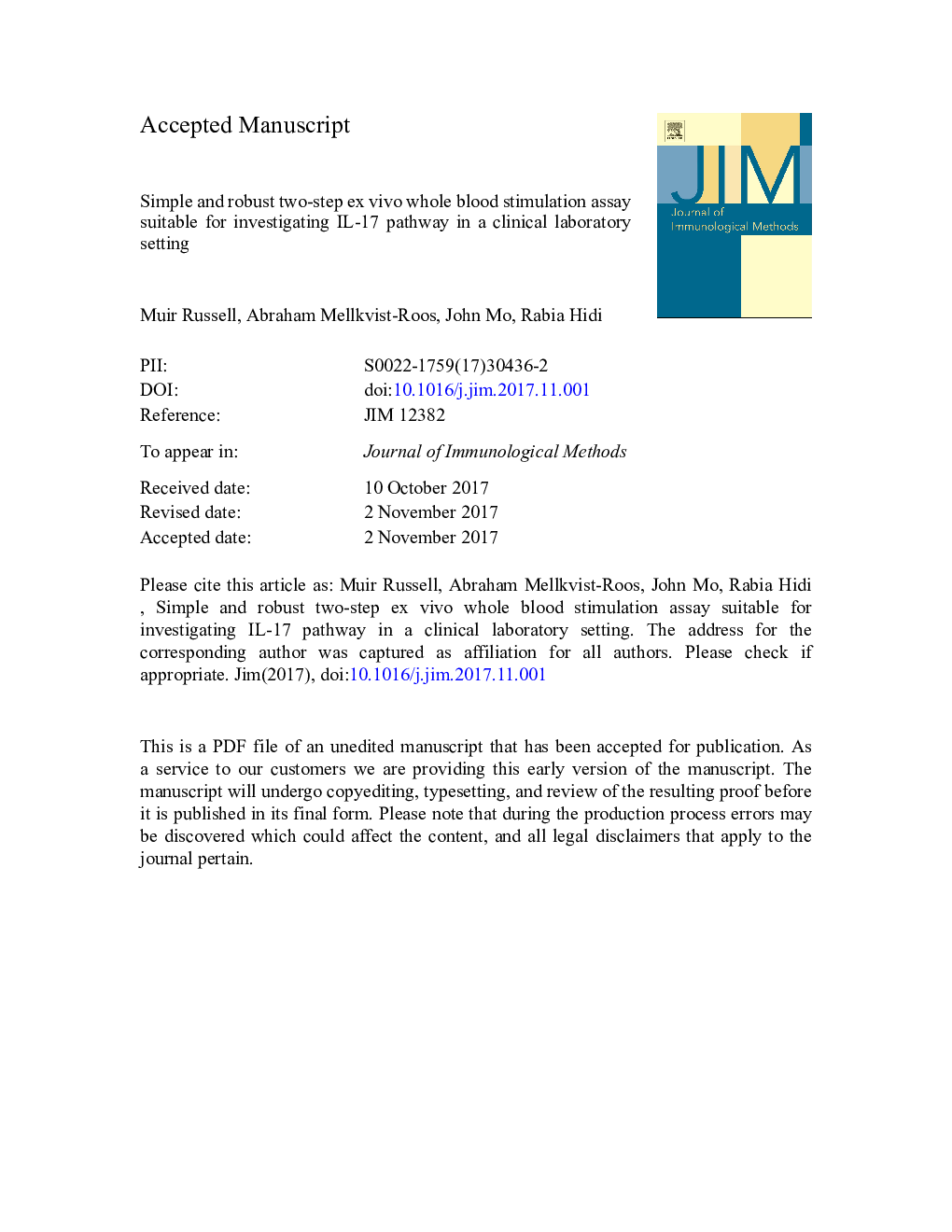 Simple and robust two-step ex vivo whole blood stimulation assay suitable for investigating IL-17 pathway in a clinical laboratory setting