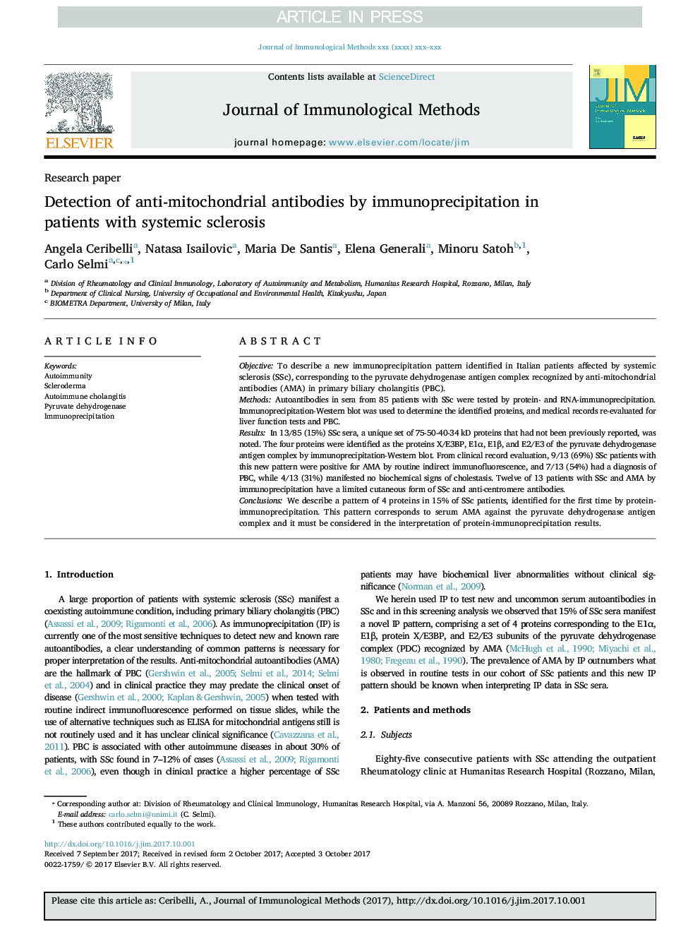 تشخیص آنتی بادی های ضد میتوکندری با استفاده از ایمن سازی در بیماران مبتلا به اسکلروز سیستمیک 