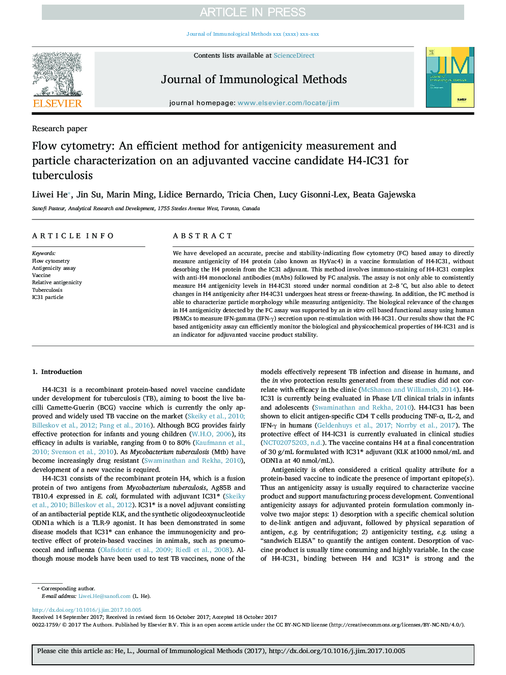 Flow cytometry: An efficient method for antigenicity measurement and particle characterization on an adjuvanted vaccine candidate H4-IC31 for tuberculosis