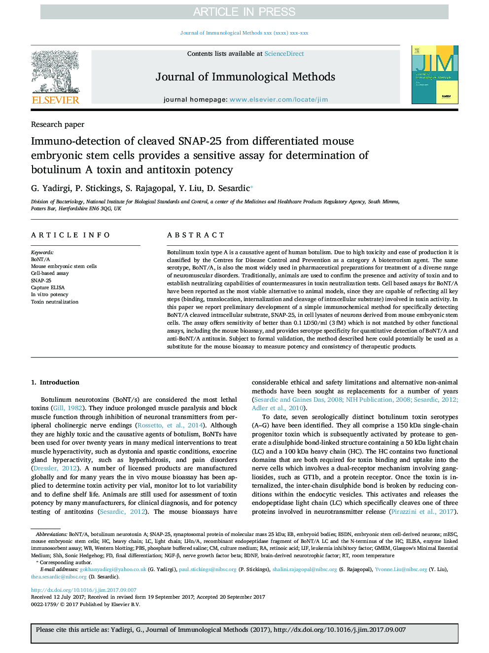 Immuno-detection of cleaved SNAP-25 from differentiated mouse embryonic stem cells provides a sensitive assay for determination of botulinum A toxin and antitoxin potency