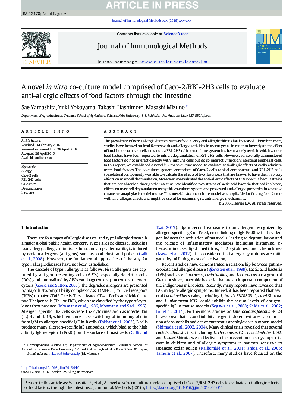 A novel in vitro co-culture model comprised of Caco-2/RBL-2H3 cells to evaluate anti-allergic effects of food factors through the intestine