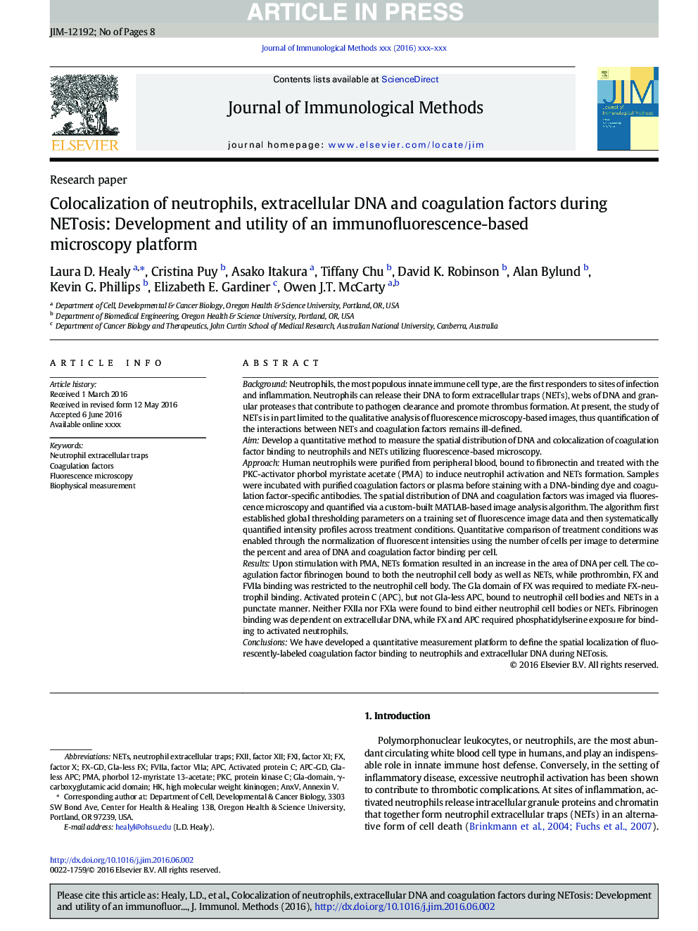 Colocalization of neutrophils, extracellular DNA and coagulation factors during NETosis: Development and utility of an immunofluorescence-based microscopy platform