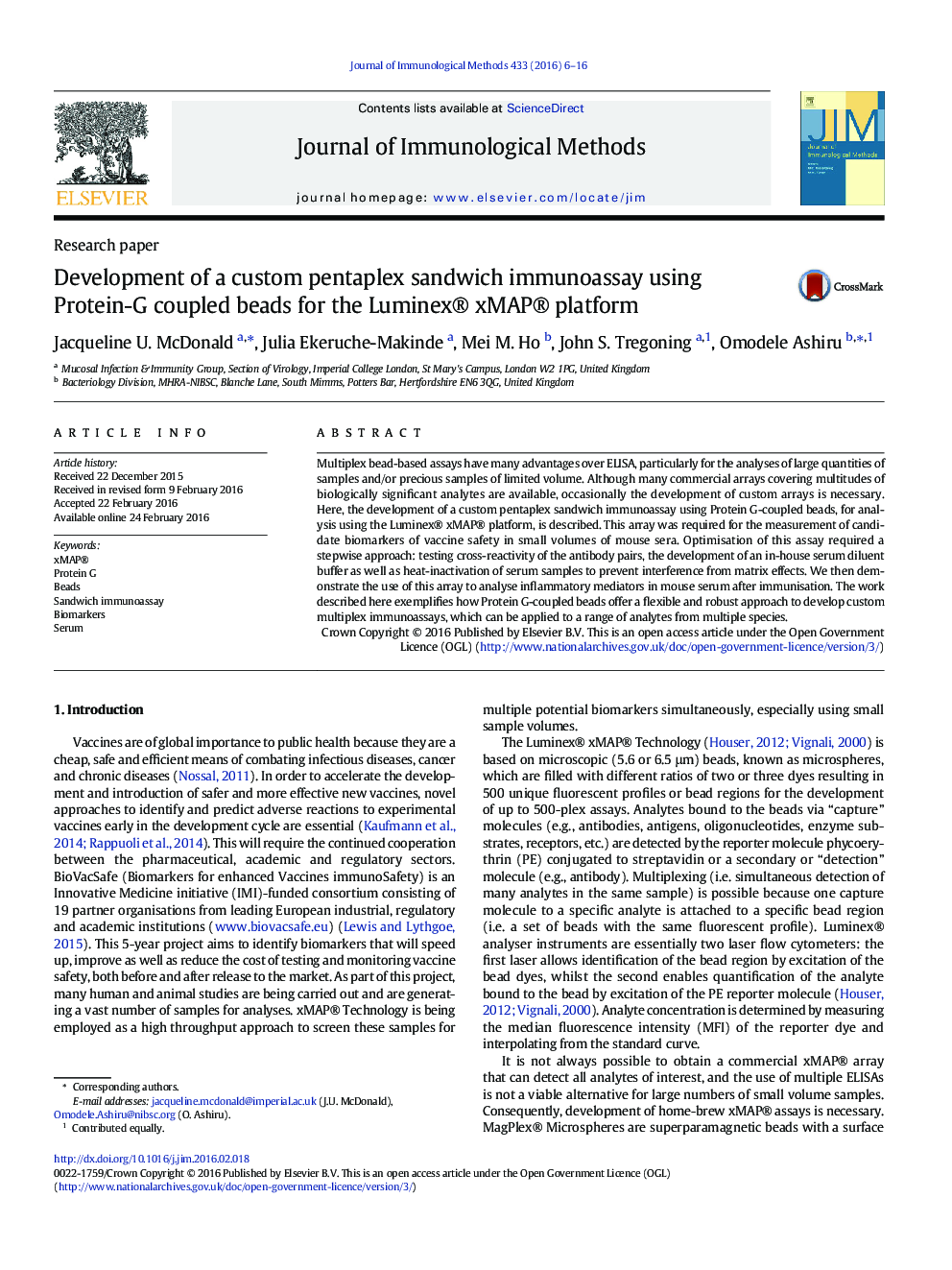 Development of a custom pentaplex sandwich immunoassay using Protein-G coupled beads for the Luminex® xMAP® platform