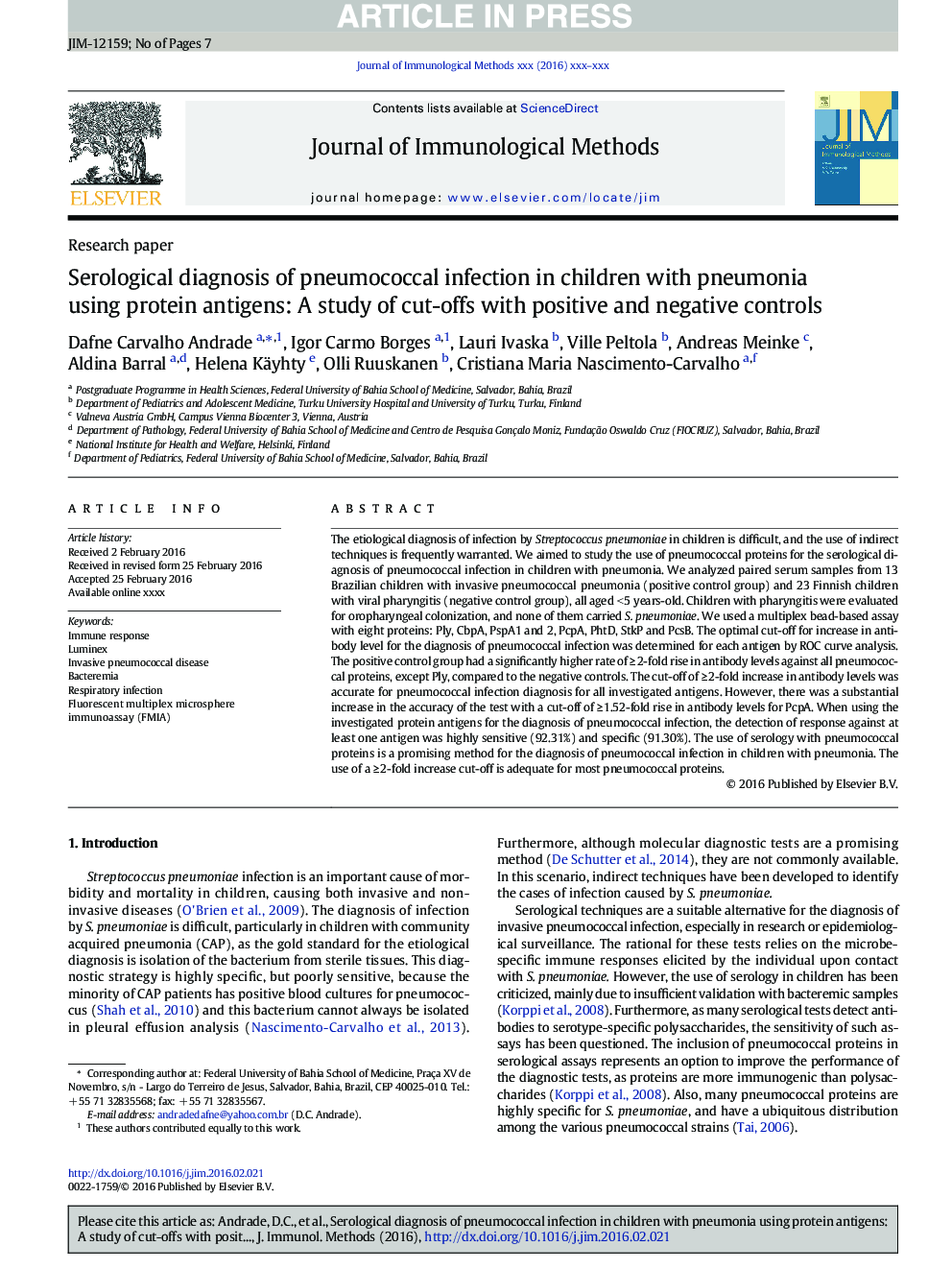 تشخیص سرولوژیک عفونت پنوموکوک در کودکان مبتلا به پنومونی با استفاده از آنتی ژن های پروتئینی: مطالعه برش ها با کنترل های مثبت و منفی 