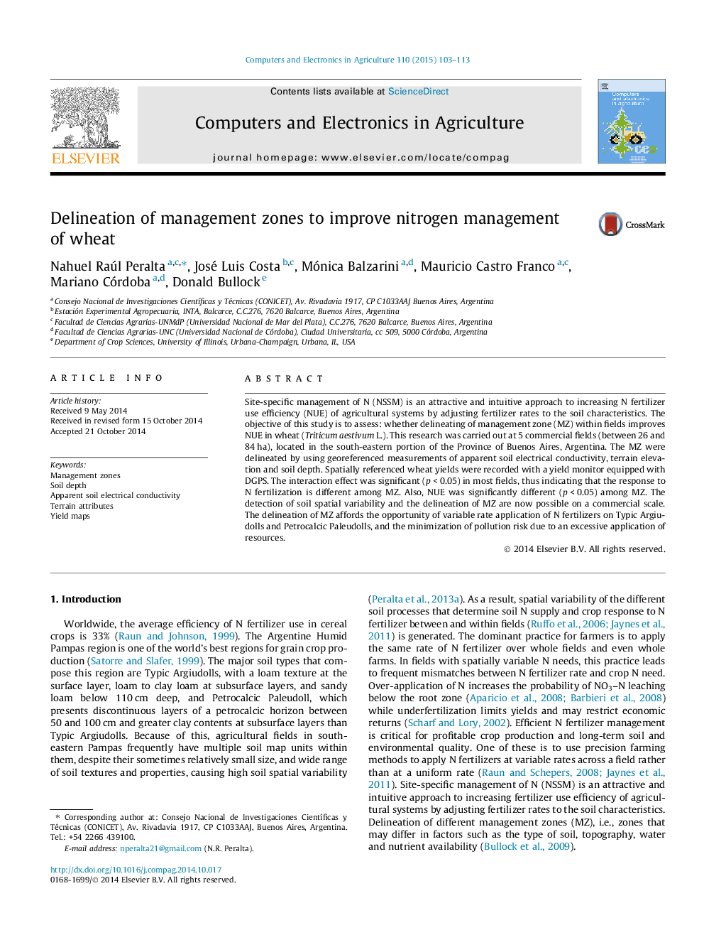 Delineation of management zones to improve nitrogen management of wheat