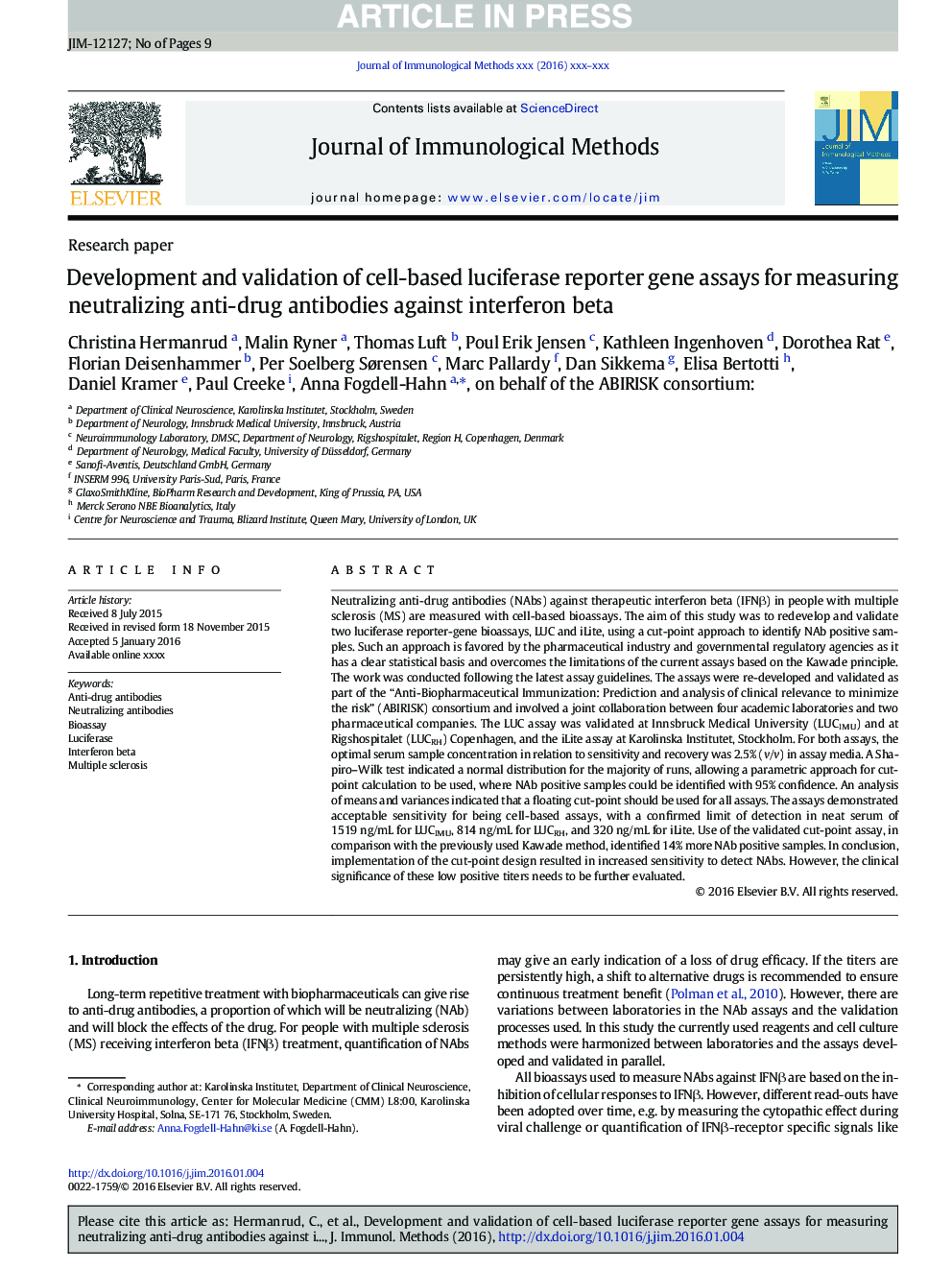 Development and validation of cell-based luciferase reporter gene assays for measuring neutralizing anti-drug antibodies against interferon beta