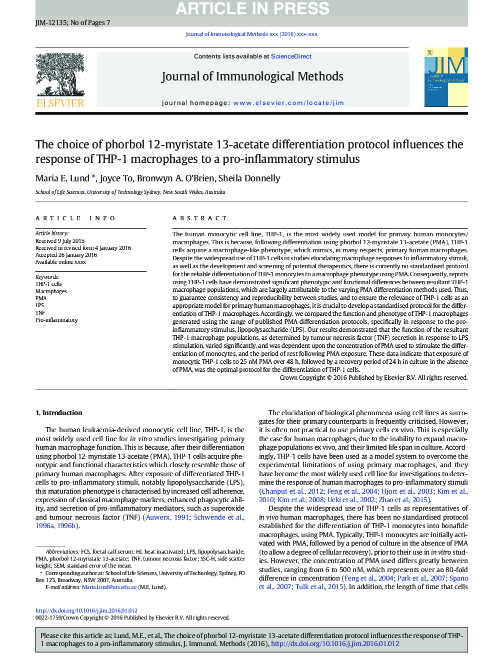 The choice of phorbol 12-myristate 13-acetate differentiation protocol influences the response of THP-1 macrophages to a pro-inflammatory stimulus