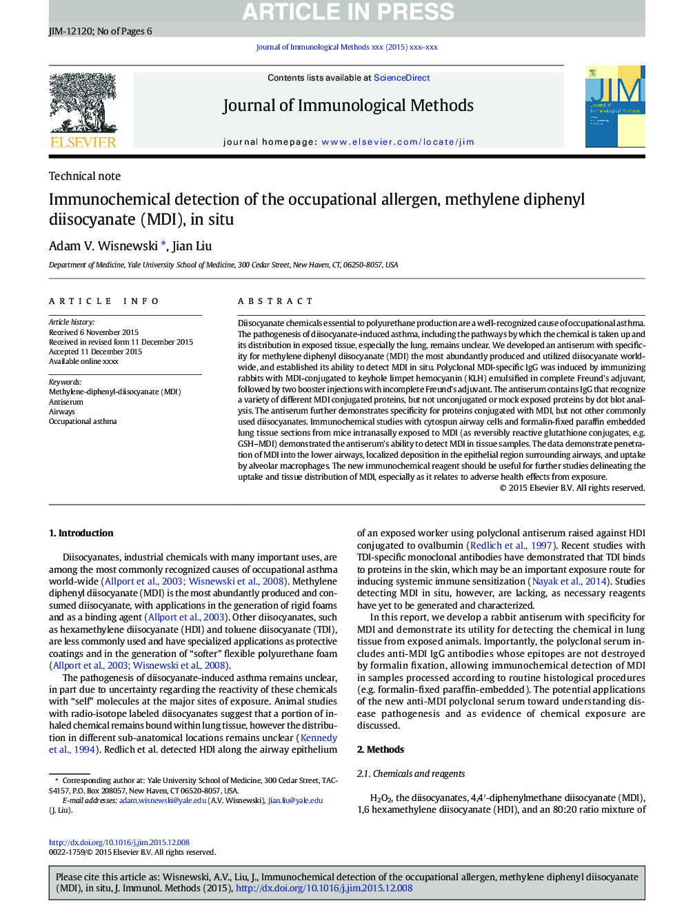 Immunochemical detection of the occupational allergen, methylene diphenyl diisocyanate (MDI), in situ