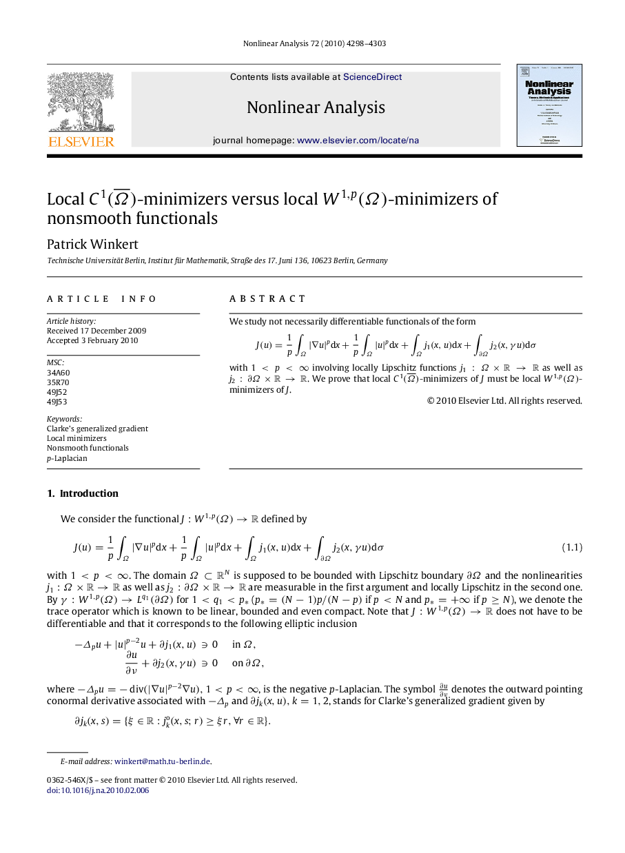 Local C1(Î©Â¯)-minimizers versus local W1,p(Î©)-minimizers of nonsmooth functionals