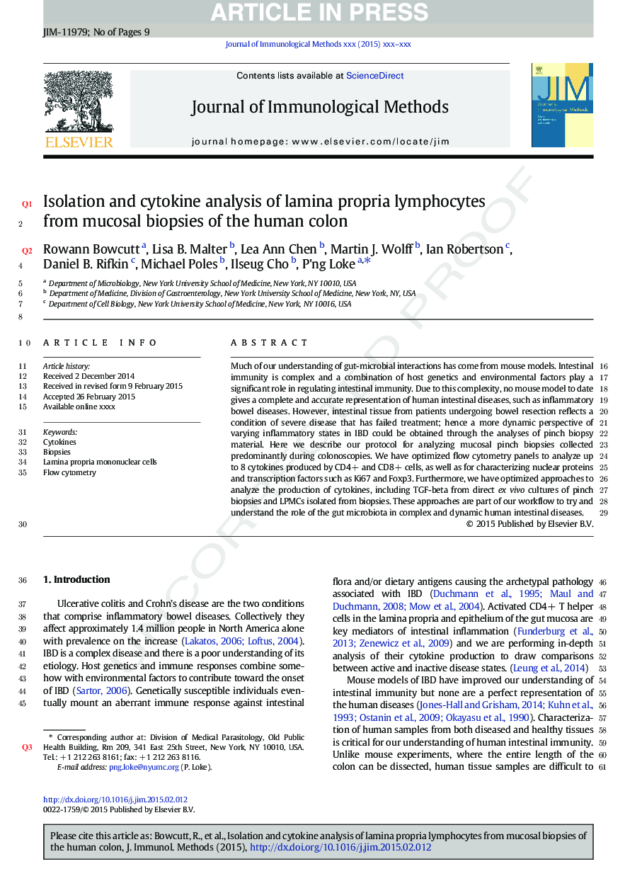 جداسازی و تجزیه و تحلیل سیتوکین لنفوسیتهای لامینا پروپریا از بیوپسی های مخاطی کولون انسانی 