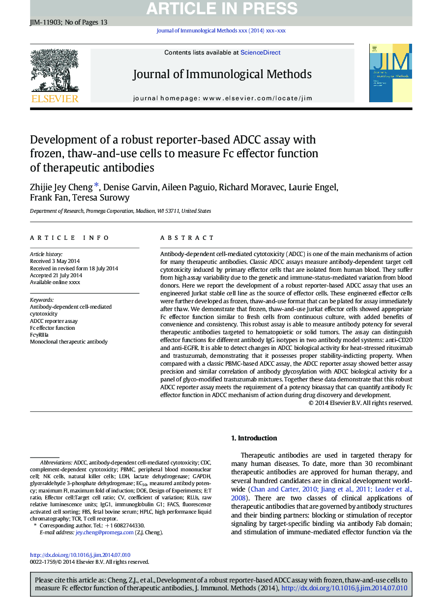 Development of a robust reporter-based ADCC assay with frozen, thaw-and-use cells to measure Fc effector function of therapeutic antibodies