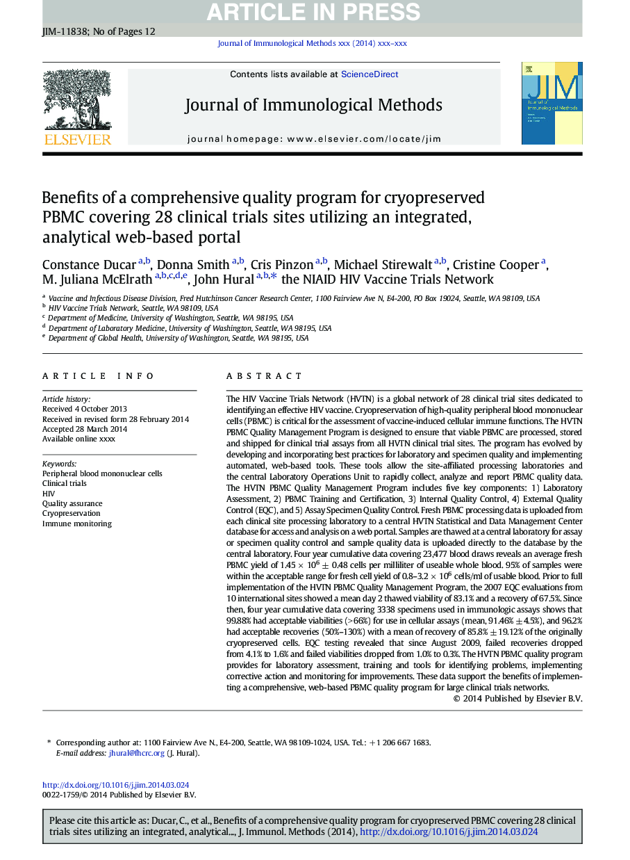 Benefits of a comprehensive quality program for cryopreserved PBMC covering 28 clinical trials sites utilizing an integrated, analytical web-based portal