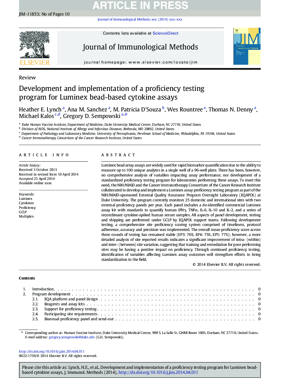 Development and implementation of a proficiency testing program for Luminex bead-based cytokine assays