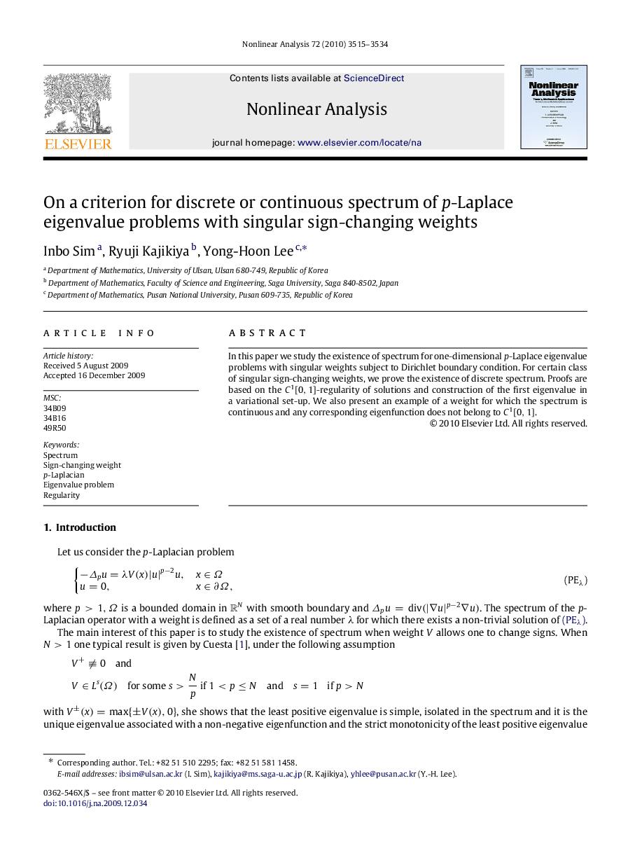 On a criterion for discrete or continuous spectrum of pp-Laplace eigenvalue problems with singular sign-changing weights