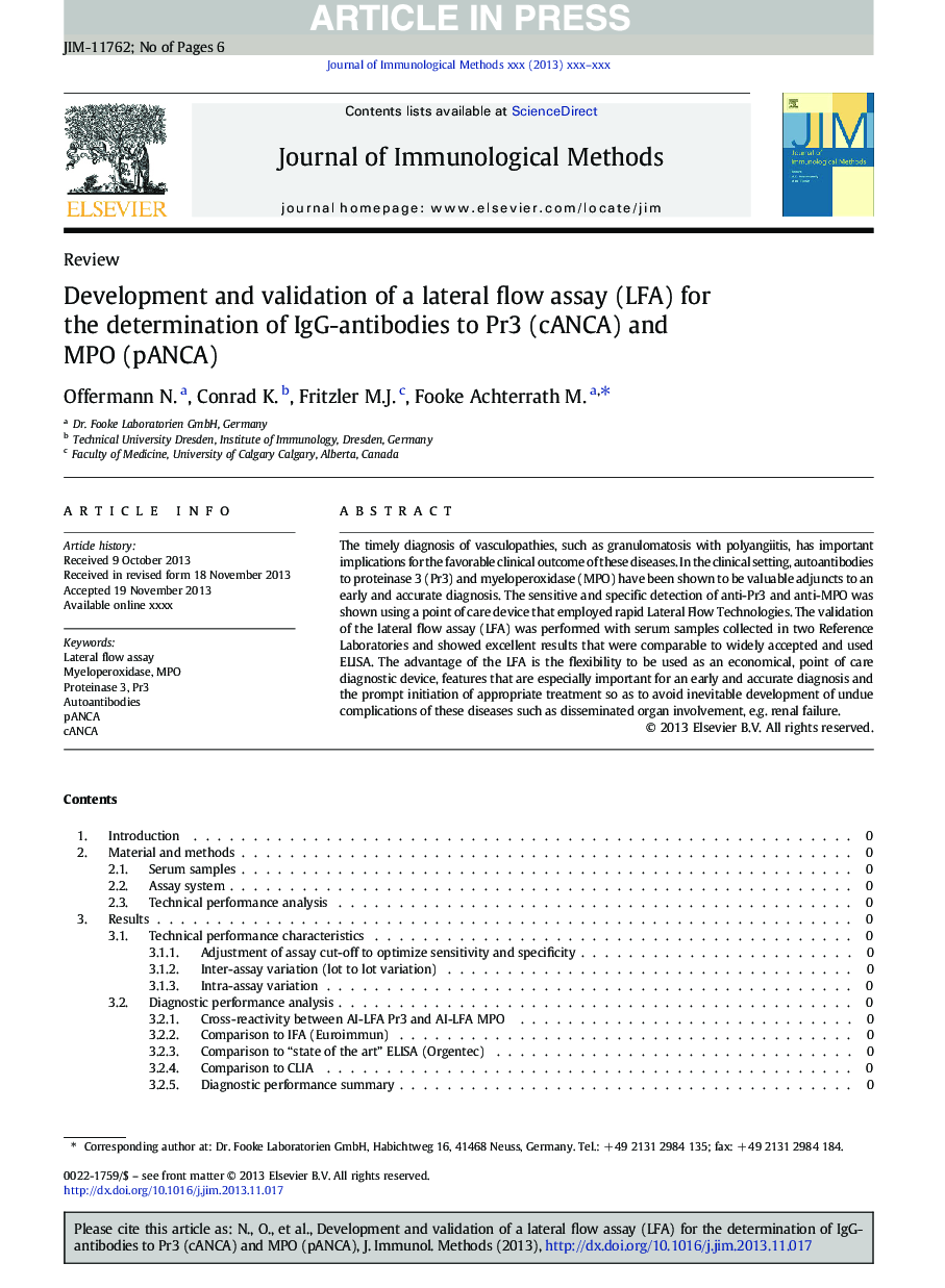 Development and validation of a lateral flow assay (LFA) for the determination of IgG-antibodies to Pr3 (cANCA) and MPO (pANCA)