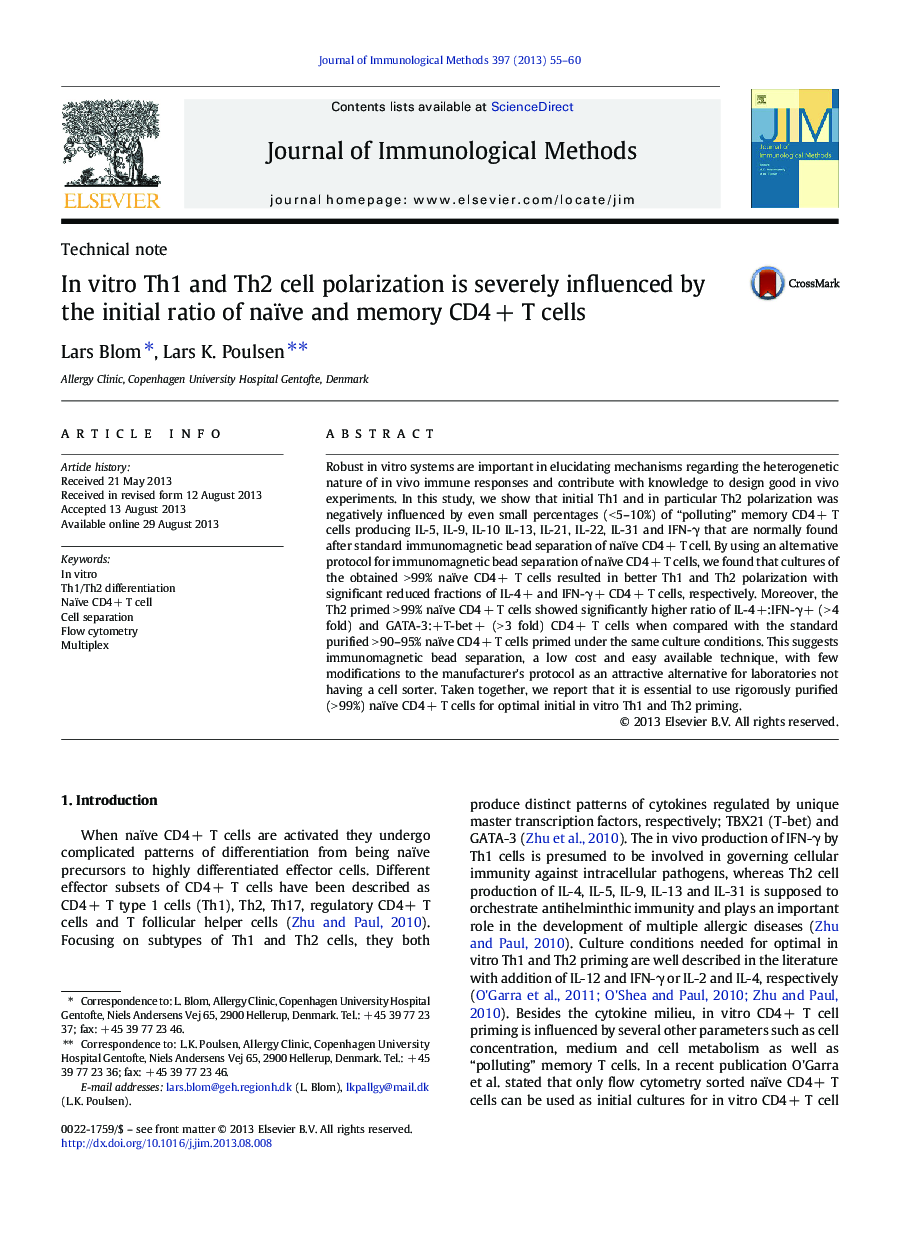 In vitro Th1 and Th2 cell polarization is severely influenced by the initial ratio of naïve and memory CD4Â + T cells