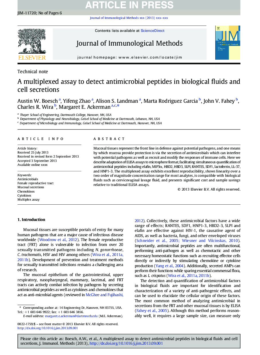 A multiplexed assay to detect antimicrobial peptides in biological fluids and cell secretions