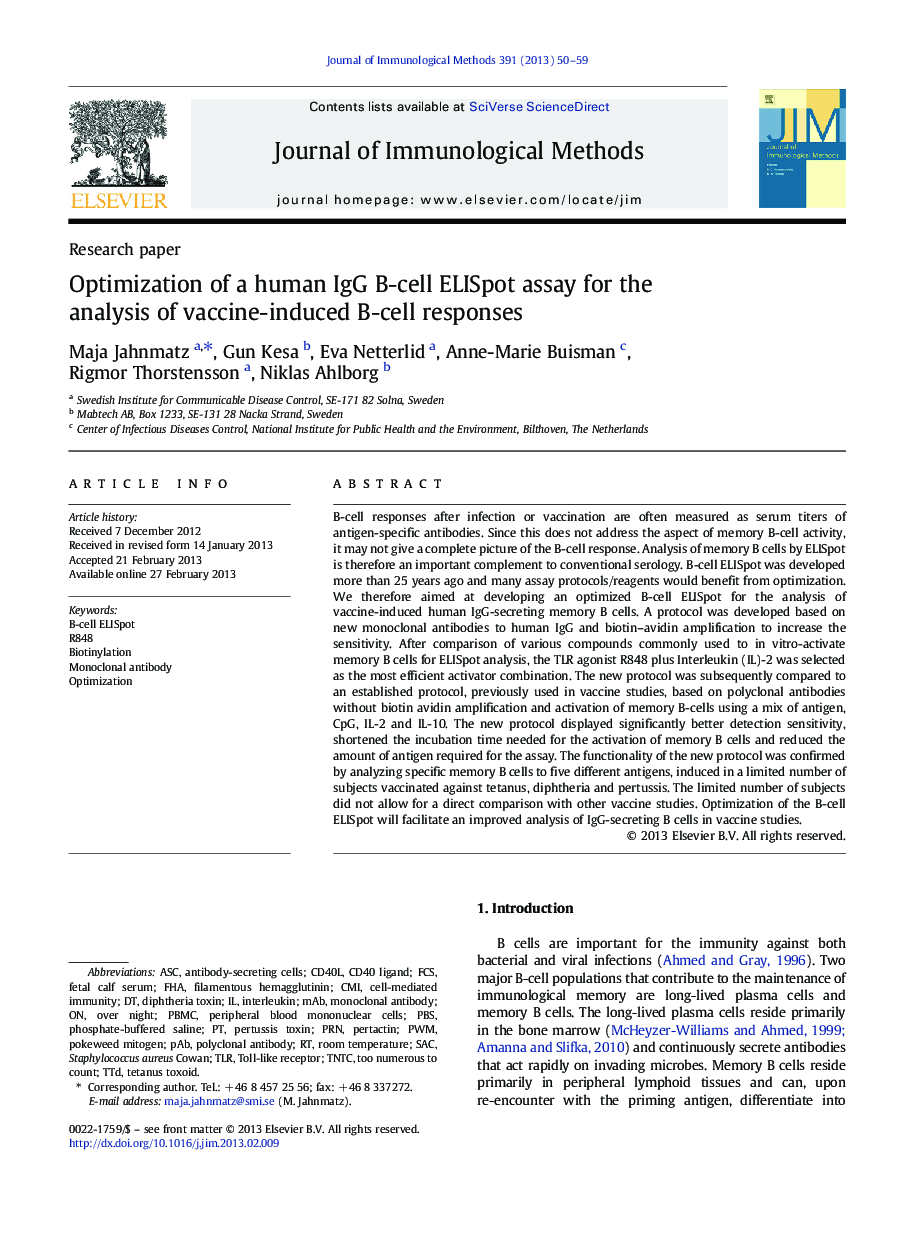 Optimization of a human IgG B-cell ELISpot assay for the analysis of vaccine-induced B-cell responses