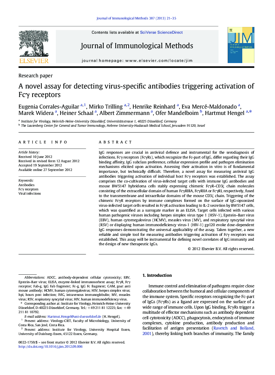 A novel assay for detecting virus-specific antibodies triggering activation of FcÎ³ receptors