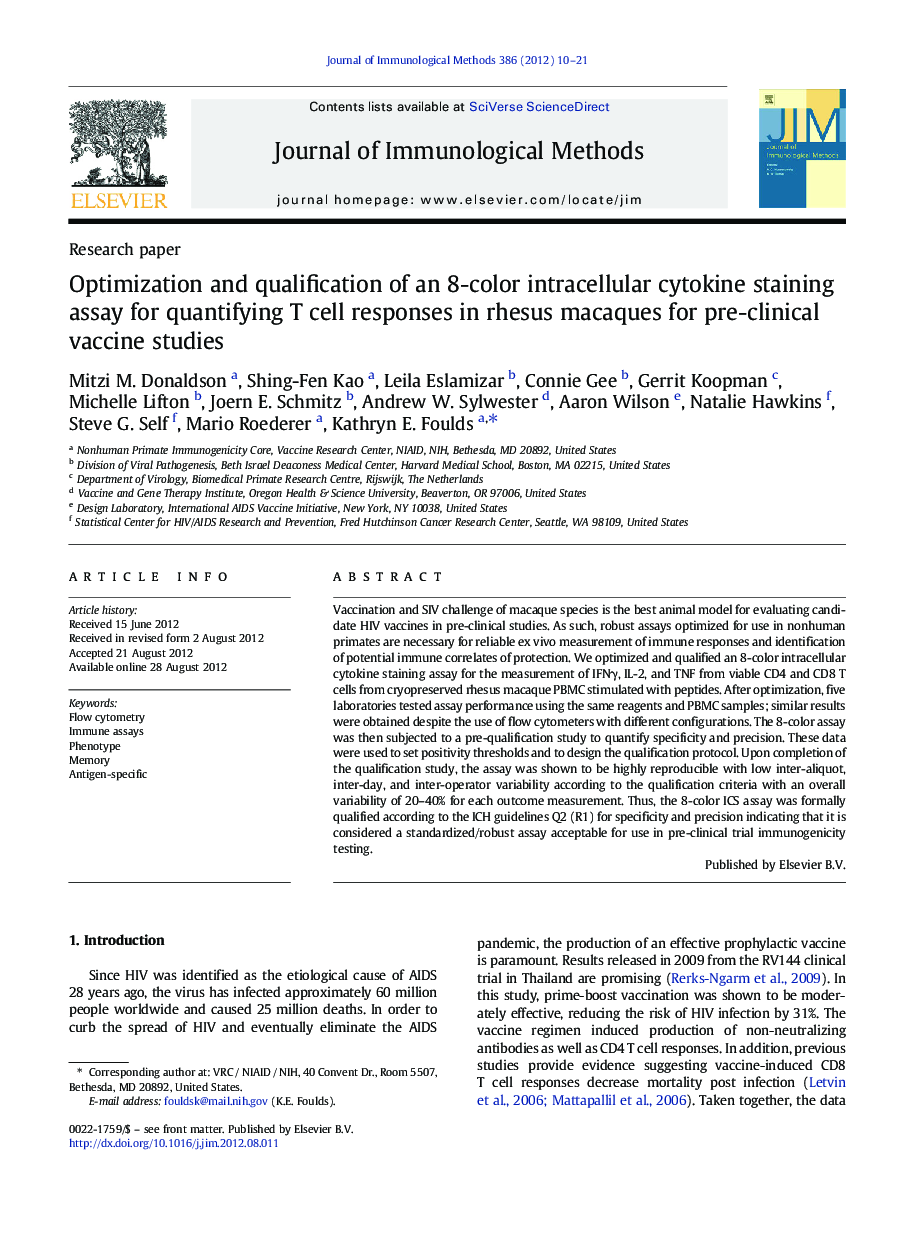 Optimization and qualification of an 8-color intracellular cytokine staining assay for quantifying T cell responses in rhesus macaques for pre-clinical vaccine studies