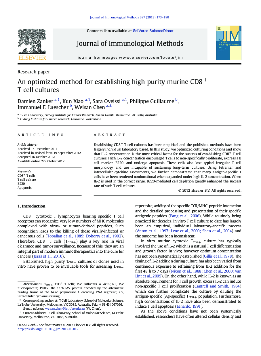 An optimized method for establishing high purity murine CD8+ T cell cultures